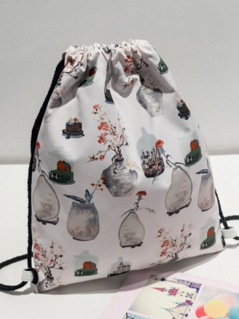 NWT Drawstring Backpack Tote Bag Cottagecore Print Airstream Flower Cow House